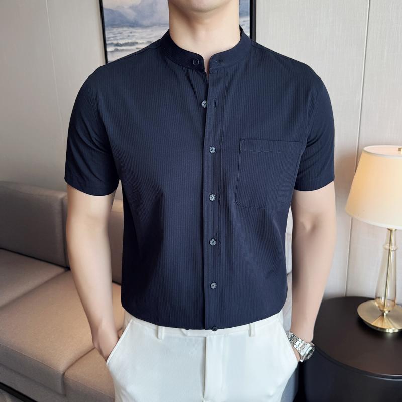 メンズ ファッション スタンドカラー 半袖 シャツ トップス 夏コーデ スリムフィット 軽量 通気性 快適 着心地 カジュアル ビジネス イージーケア コットン デイリー スタイリッシュ