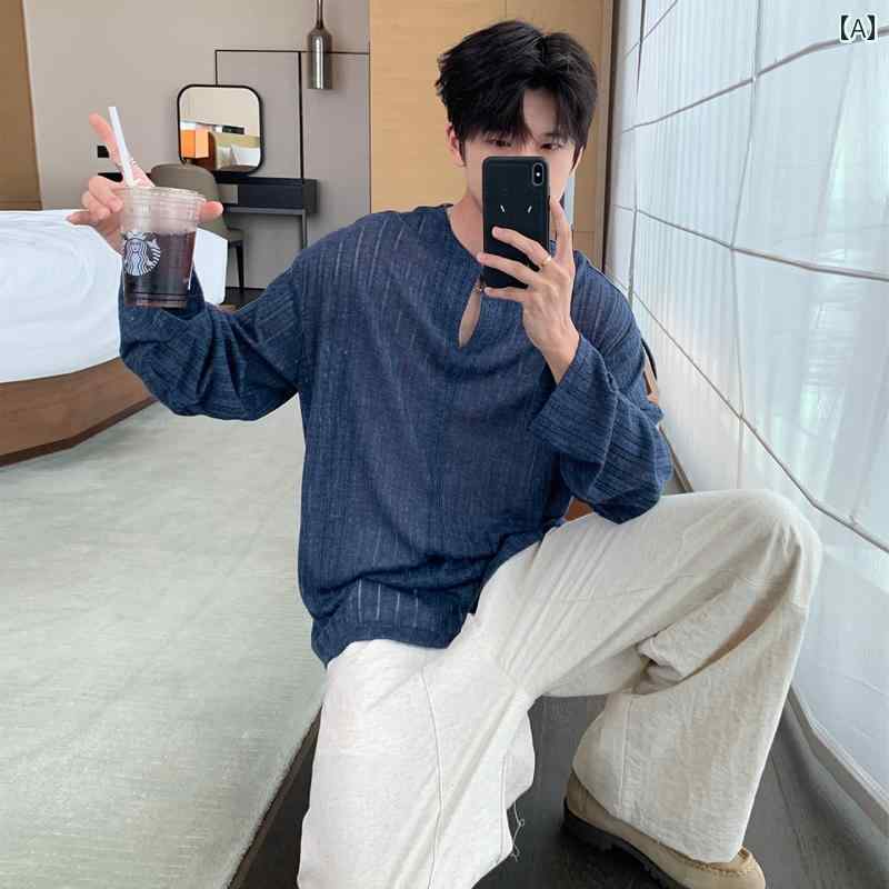 Tシャツ 夏 薄手 ニット 日焼け防止 カップル トップス 韓国 通気性 快適フィット メンズ 長袖 カジュアルウェア