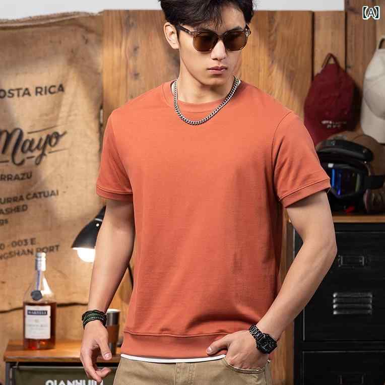 Tシャツ ショルダー ラウンドネック 半袖 オレンジ 夏 カジュアル アメリカン リラックス レトロ メンズ トップス