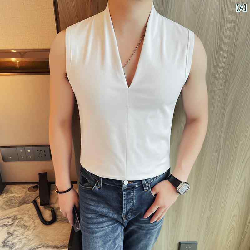 シャツ メンズ Vネック クール 夏服 トップス スリムフィット 冷感 男性用 ユニーク ノースリーブ スタイリッシュ