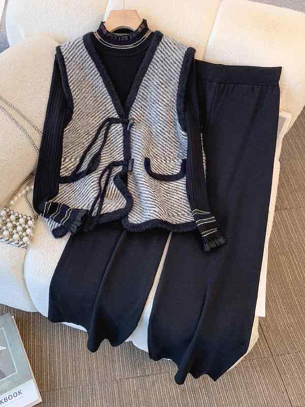 セットアップ カジュアル パンツ 中年 母親 秋冬服 チャイナ風 ベスト セーター パンツ 大きいサイズ スリーピース ミセス向け おしゃれ カジュアル ビジネス レジャー 休日 アーバン スタイリッシュ