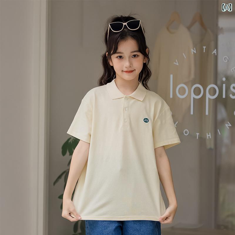 キッズ カレッジスタイル ガールズ 半袖 Tシャツ 夏 中学生 夏服 子供 ファッション シンプルデザイン ポロシャツ トップス