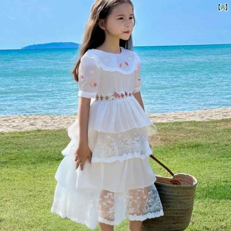 子供服 キッズ かわいい おしゃれ カジュアル 夏 ドレス ワンピース ティアード ラッフル レース 花 フラワー モチーフ