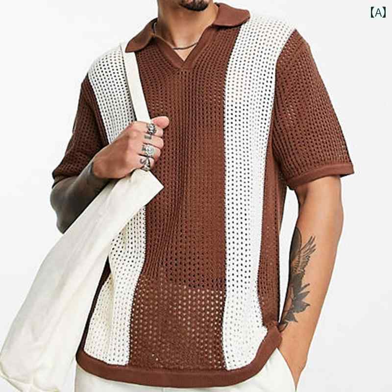 夏 薄手 カラーブロック ニット セーター メンズ カジュアル プルオーバー Tシャツ おしゃれ トップス スタイリッシュ レジャー