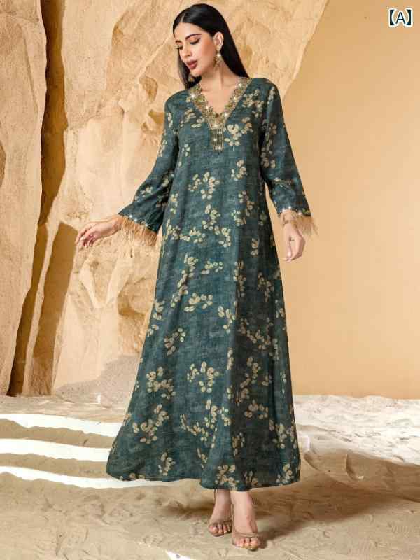ワンピース レディース 中東 サウジアラビアの服 レトロ プリント Vネック ロング ドレス 羽根 飾り カフス ラインストーンカラー モダン ローブ