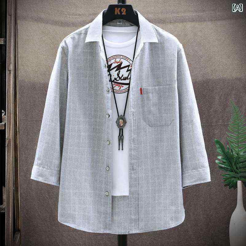 夏 七分袖 シャツ メンズ ファッション 半袖 韓国 カジュアル ゆったり チェック 紳士服 大きいサイズ スポーティー レジャー
