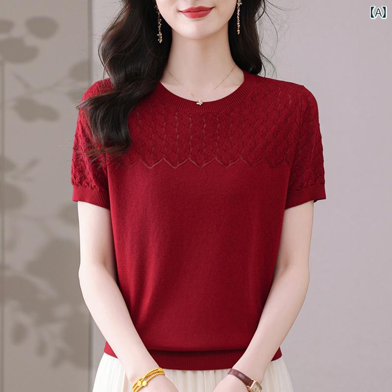 母 夏 半袖 編み セーター レディース ゆったり 大きいサイズ ファッション トップス Tシャツ 上品 清涼 エレガント