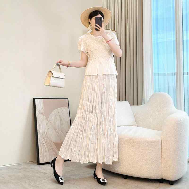 セットアップ ロングスカート シャツ ツーピース 軽い 高級感 プリーツ 女性用 夏 中年 母親 半袖 Tシャツ ハイウエスト ドレープスカート ツーピース おしゃれ カジュアル レジャー 休日 ママ友 デイリー|ラ・グラーヌ