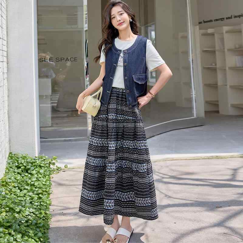 シャツ ブラウス ロングスカート デニムベスト セットアップ レディース 夏 ハイエンド ボヘミアン プリント スリーピース おしゃれ カジュアル ビジネス 休日 デイリー ママ友