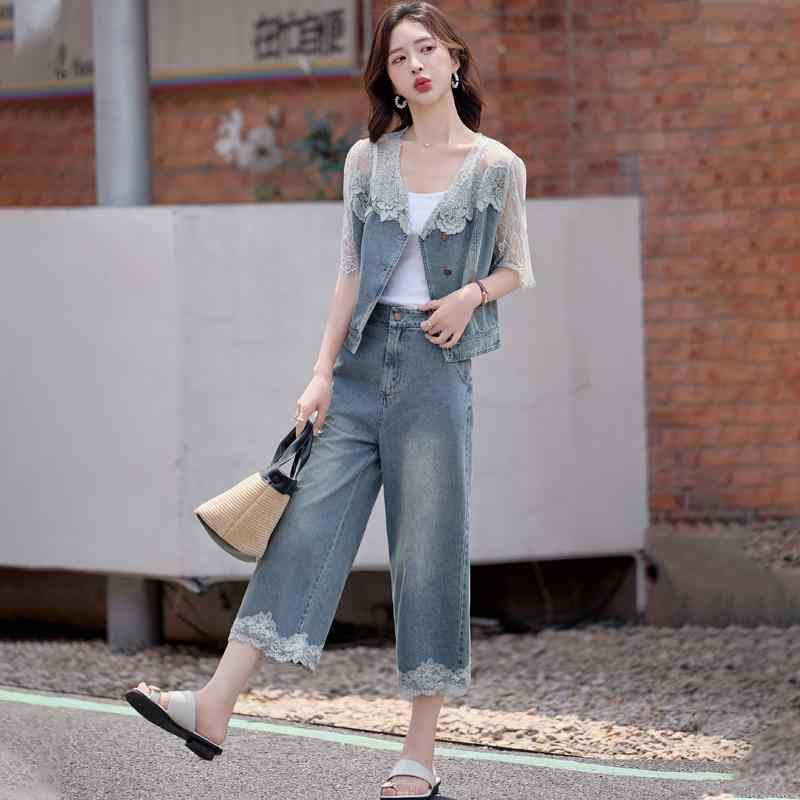 セットアップ サマー デニム パンツ レース ステッチ デニム ワイドレッグパンツ レディース 夏 薄手 クロップドパンツ ツーピース おしゃれ カジュアル レジャー リゾート 休日 バカンス