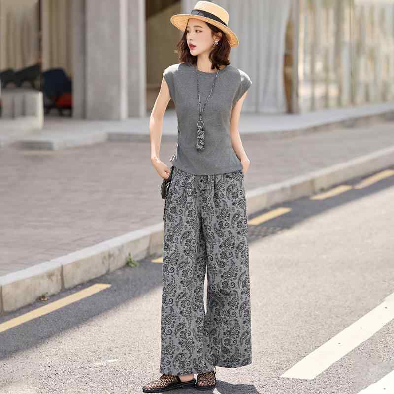 セットアップ サマー カジュアル パンツ コットンリネン ワイドレッグパンツ 女性用 夏 スリムフィット Tシャツ ジャカード ツーピース おしゃれ カジュアル ビジネス 休日 デイリー 7,869円