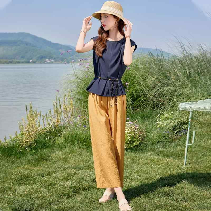 セットアップ サマー カジュアル パンツ 女性用 ノースリーブ 夏 西洋風 コットンリネン トップス ワイドレッグパンツ ツーピース おしゃれ カジュアル ビジネス 休日 デイリー