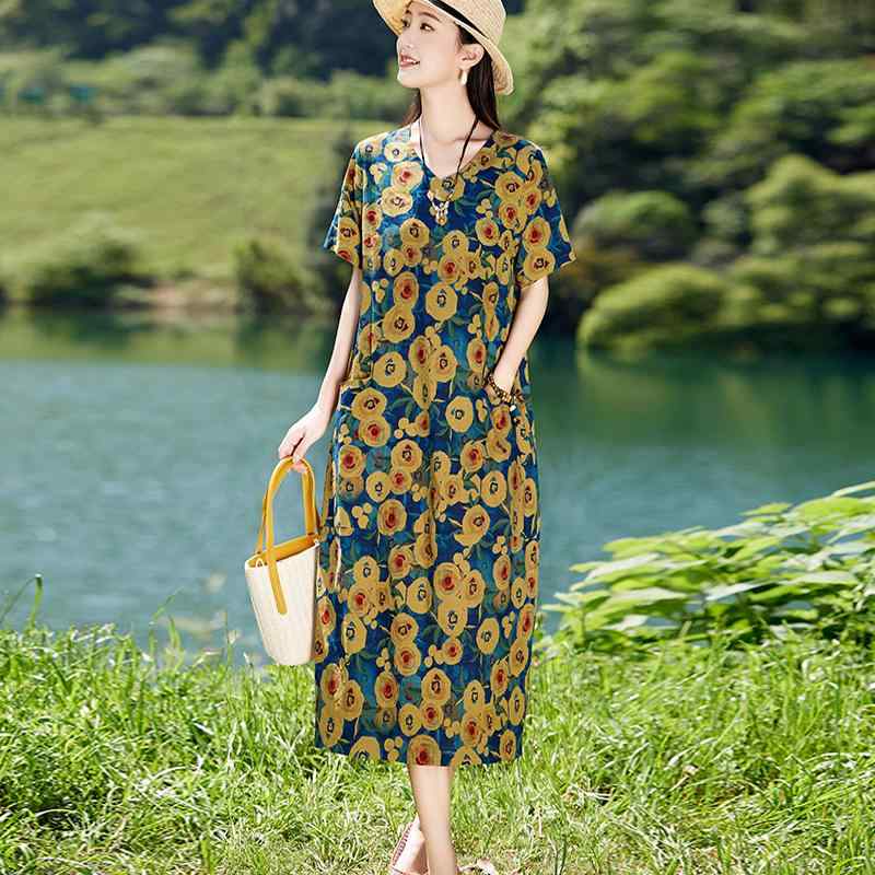 レディース ファッション ドレープ ワンピース 夏コーデ 中年 ママ 大きいサイズ プリント 半袖 通気性 Vネック 花柄 体型カバー 若見え リラックス デイリー カジュアル