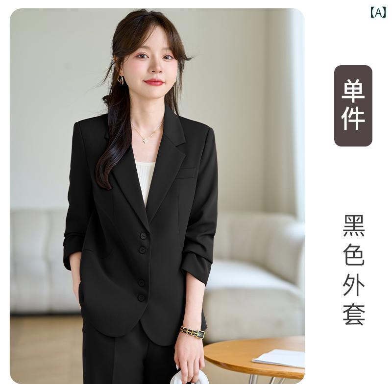 ツーピース オフ ホワイト 長袖 シングルブレスト スーツカラー ロング丈 パンツ セットアップ カジュアル 高級 OL お姫様 スタイル 秋 レディース 軽量 ソフト 通勤 オフィス 日常使い｜ラ・グラーヌ