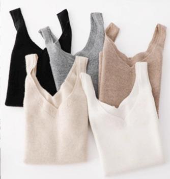 レディース トップス キャミソール カシミール 羊毛 編み物 ノースリーブ V素っ首 ぬい目 お定まりかざり付ける 白 黒 象牙色 ベージュ 薄墨色 無地 限りないプルオーバー ホンブルグ帽 ミニマル 遊撃手
