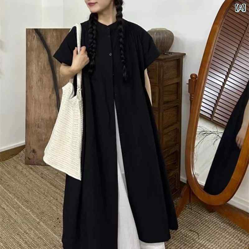 シャツ スカート 黒 シンプル 無地 トップス 半袖 シングルブレスト スタンドカラー ミドル丈 ドレス カジュアル 太め 体型カバー 夏 レディース 軽量 ソフト 日常使い アウトドア