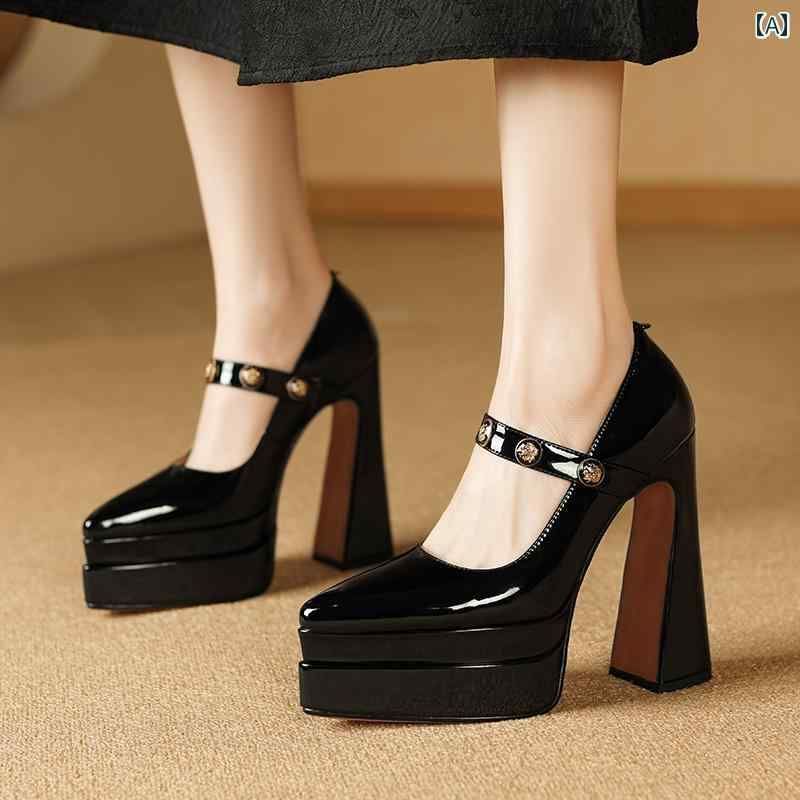 パンプス パテントレザー ヒョウ柄 プラットフォーム 厚底 14cm ハイヒール ポインテッドトゥ バックル メリージェーン カジュアル シングル 春 レディース 通勤 オフィス 日常使い パーティ