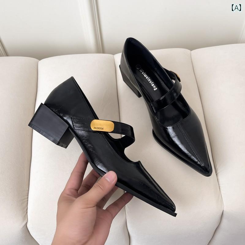 パンプス シューズ レディース フランス レトロ メリージェーン 太ヒール ポインテッドトゥ エレガント クラシック 上品 オフィス