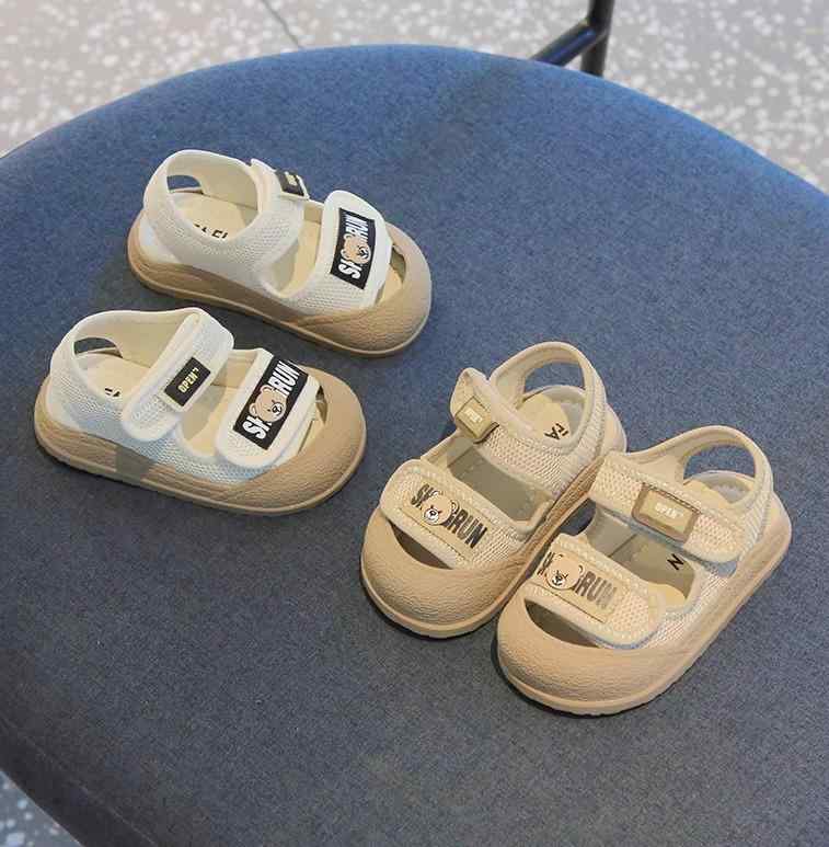 キッズ シューズ 靴 幼児 子供 くまの顔 熊 ソフト メッシュ 安全 滑り止め つま先 保護 ガード サンダル かかと空き 白 薄ベージュ １３～１７ｃｍ 軽量 通気性 耐久性