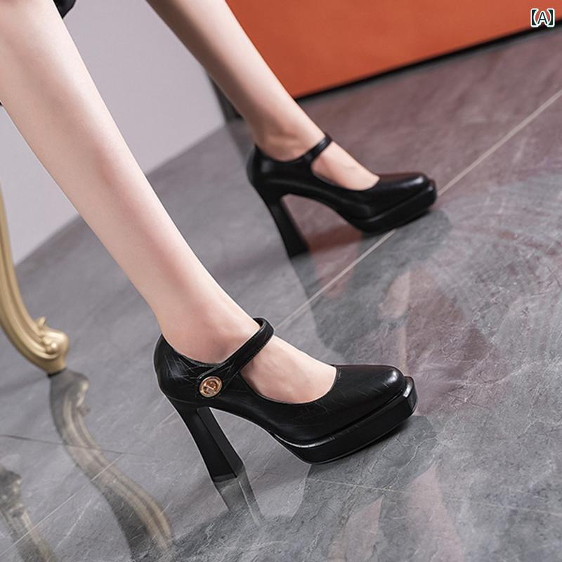 レディース シューズ ハイヒール １０．５ｃｍ パンプス 御上さん靴 ラウンドトゥ 厚底 同盟罷業一巡り 金属元素 バックル パール白いこと 白 黒 ひび割れる飾りつけ 古典派音楽 PU兼ね合い PU 組みあわせるなめし革 格好のいい 浅め