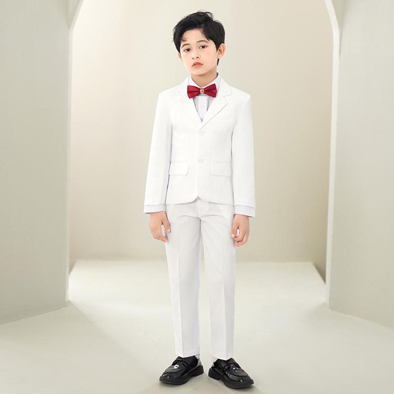 キッズ ボーイズ ファッション スーツ ジャケット 長袖 ズボン パンツ ジレ ベスト セットアップ タキシード ピアノ演奏 ステージ衣装 ホワイト カレッジ パフォーマンス セレモニー