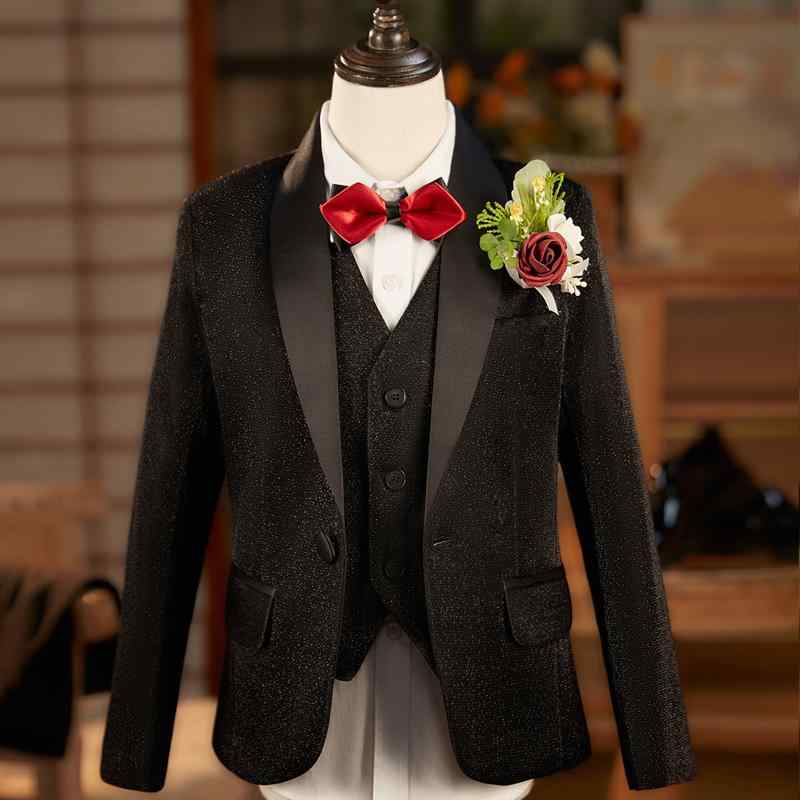 キッズ ボーイズ ファッション オールシーズン 黒 スパンコール ジャケット ベスト パンツ ズボン セットアップ 光沢 パーティー フォーマルスーツ 誕生日 ピアノ演奏 特別な日