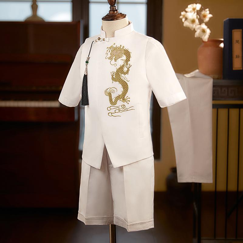 キッズ ボーイズ ファッション チャイナ風 スーツ ベスト ジレ パンツ セットアップ 刺・墸 龍モチーフ ティーンエイジャー スピーチ ステージ衣装 パフォーマンス 文化的 エスニック|ラ・グラーヌ