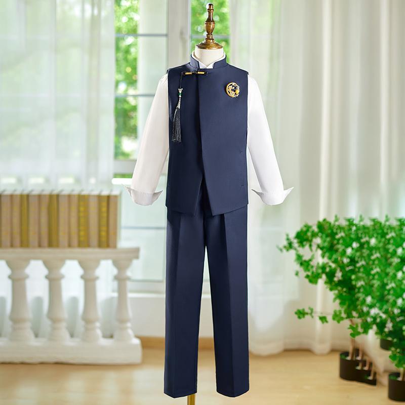キッズ ボーイズ ファッション ネイビーブルー チャイナ風 スーツ ベスト ジレ パンツ ズボン セットアップ 半袖 長袖 伝統的 文化スタイル イベント 特別な日 上品 洗練 クラシック