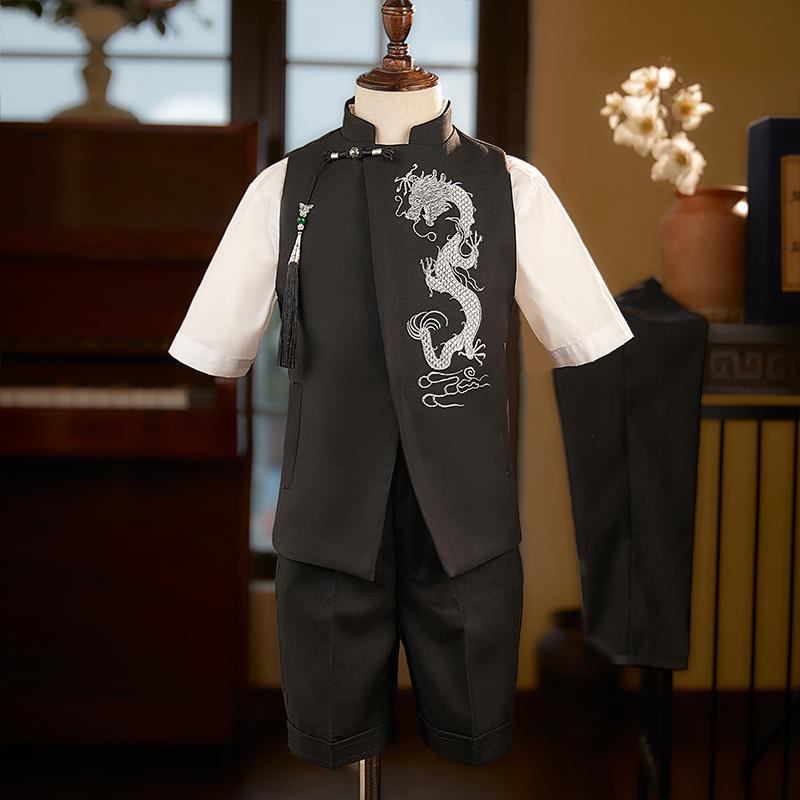キッズ ボーイズ ファッション スーツ ベスト ジレ ショートパンツ ズボン セットアップ 半袖 長袖 シャツ チャイナ風 刺繍 パフォーマンス 式典 結婚式 パーティー フォーマル 伝統的