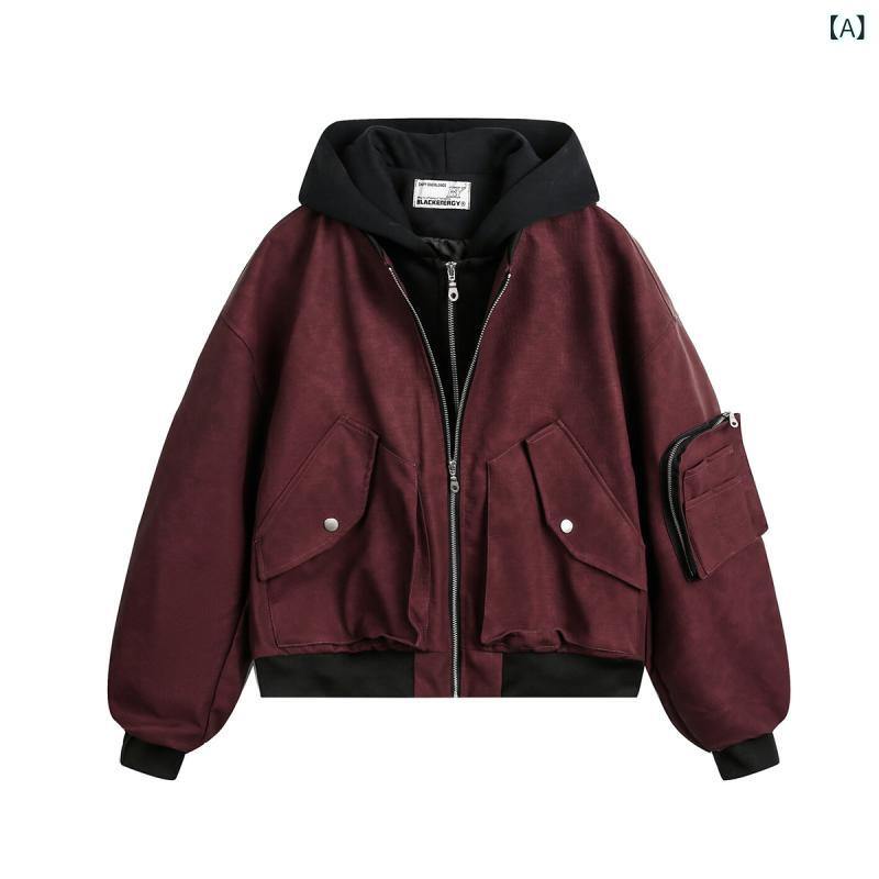ジャケット メンズ 男性用 秋冬 アメリカンレトロ アメカジ フェイクレイヤード レザージャケット フライトジャケット スタジャン ブルゾン フード付き オーバーサイズ 耐摩耗 防風 ポリエステル 切り替え レッド グレー ストリート カジュアル