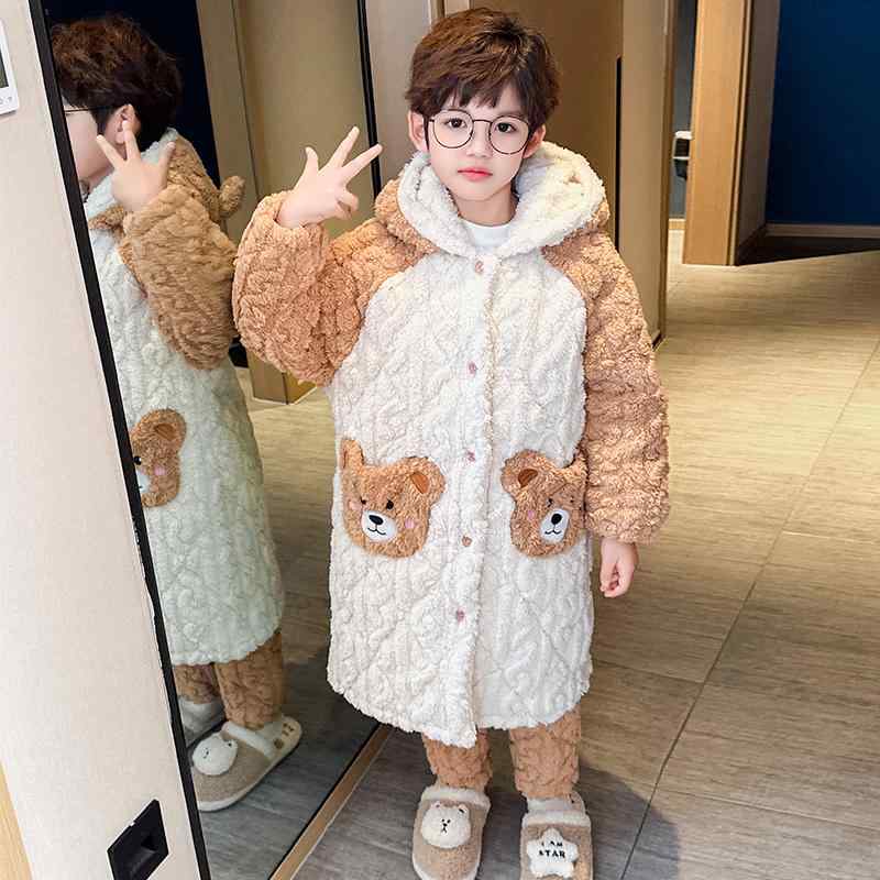 キッズ ボーイズ 流行り物 パジャマ 衣裳 秋冬 表現スタイル 朦朦たる ボンネット付き添い人 くま衣嚢 3層 キルティング コーラルフリース 綿ネル 生あたたかい パステル色の 保温 防寒 好いたらしい 愛くるしい パジャマ-キッズファッション