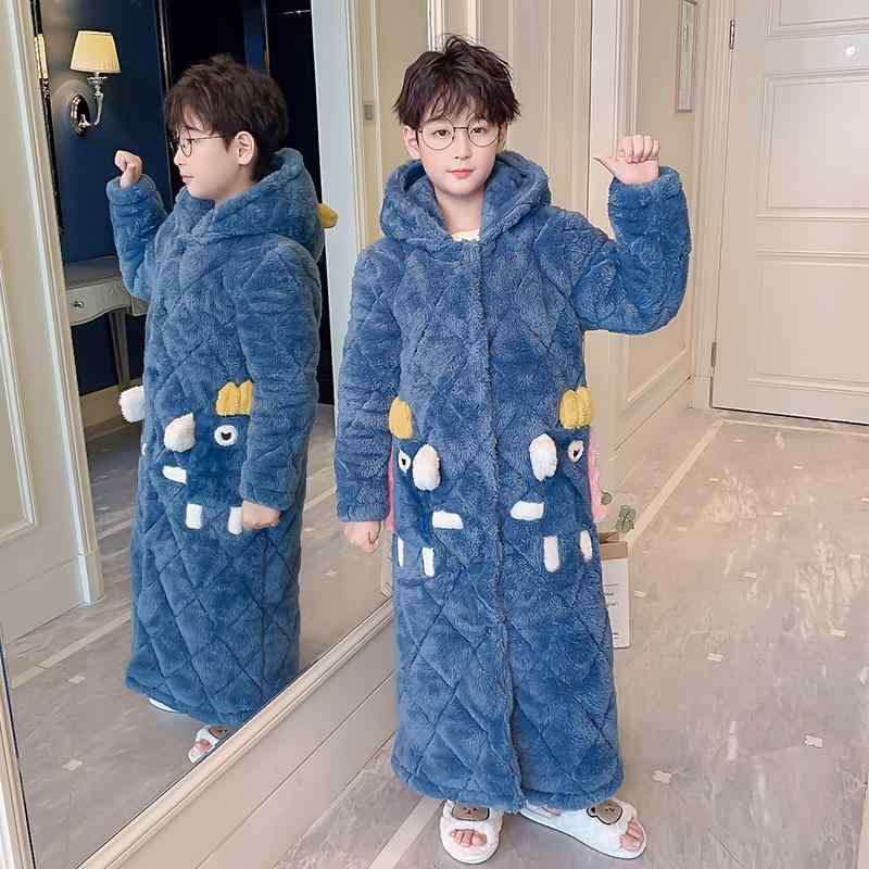 キッズ ボーイズ ファッション ローブ パジャマ 秋冬 スタイル フード付き 長袖 厚手 3層 コーラルフリース フランネル ユニーク デザイン 暖かい 保温 ソフトタッチ 快適 リラックス