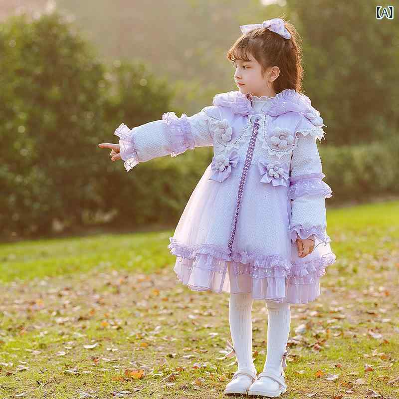 ダウンコート キッズ 女の子 ベビー ホワイトダックダウン 軽量 薄手 かわいい ロリータ レース 冬 保温 暖かい フード付き 取り外し可能 ミドル丈 ゆったり ポリエステル パープル チェック柄｜ラ・グラーヌ