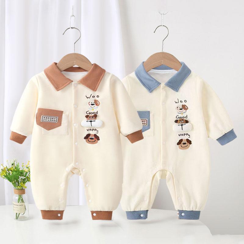 ロンパース カバーオール ベビー服 男の子 カジュアル シングルブレスト 新生児用 春秋 通気性 コットン かわいい シンプル 赤ちゃん おしゃれ 日常使い 犬デザイン