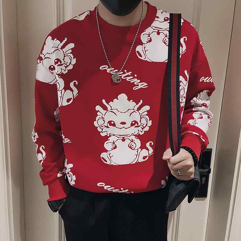 メンズ ファッション トップス ハーフハイネック セーター ニット 春秋 スタイル レッド 新年 干支 スリムフィット プルオーバー デイリー カジュアル