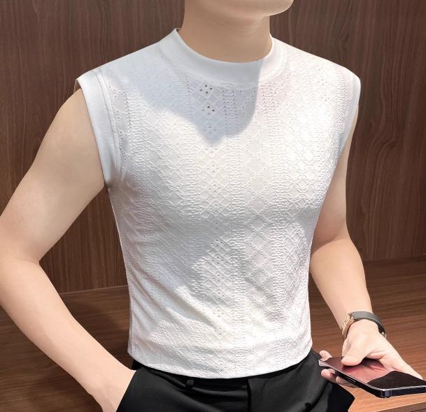 メンズ トップス Tシャツ ノースリーブ 袖なし ベスト ジャガード パターン柄 幾何学模様 薄手 ラウンドネック 黒 白 無地 プルオーバー アーバン ストリート ミニマル スタイリッシュ 快適 通気性