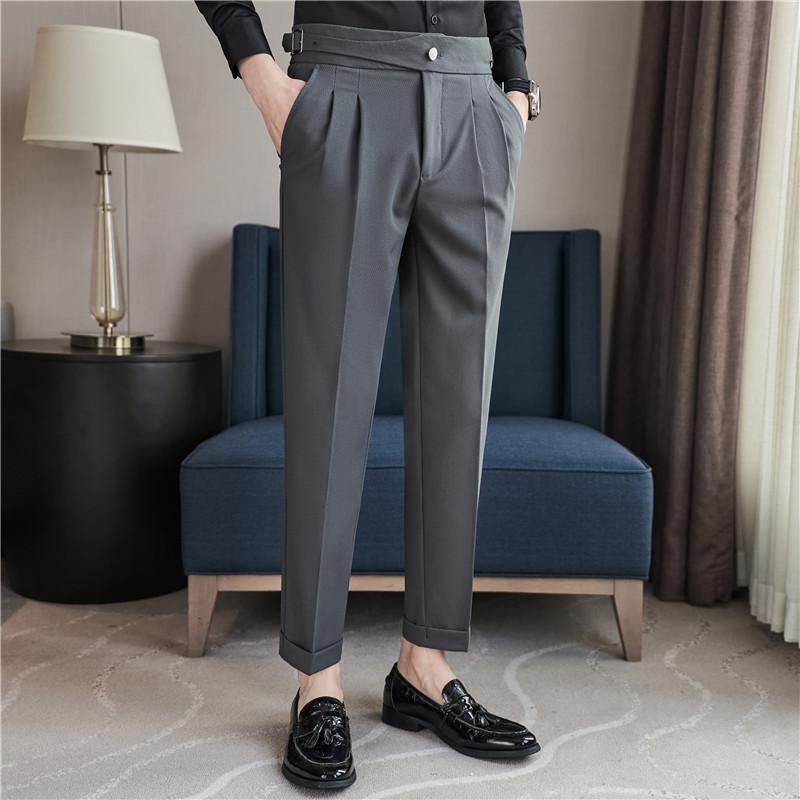 メンズ パンツ 長ズボン ロング クロップド 九分丈 ストレート 韓国風 ベルト不要 大人スタイル モード シック スタイリッシュ カジュアル ビジネスビジネス 黒 グレー 薄ベージュ シンプル