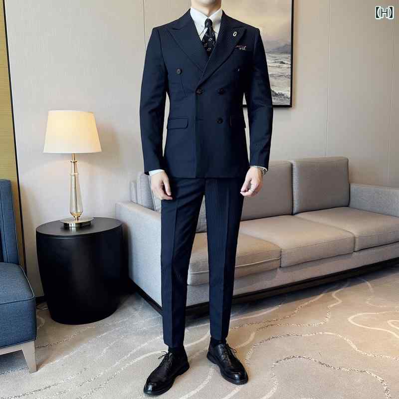 スーツ メンズ 英国風 ダブルブレスト ストライプ ビジネスカジュアル ウェディング 結婚式 スタイリッシュ プロフェッショナル クラシック