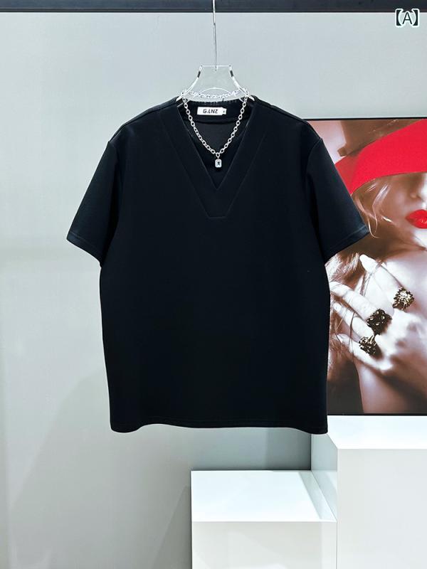 メンズ Vネック 無地 モード Tシャツ シンプル スタイリッシュ クール カジュアル 半袖 ユニーク モダン トップス 日常使い おしゃれ