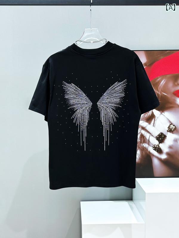 メンズ バタフライ エレガント カジュアル ストリート スタイリッシュ ラウンドネック モダン ラインストーン クール 半袖 Tシャツ トップス