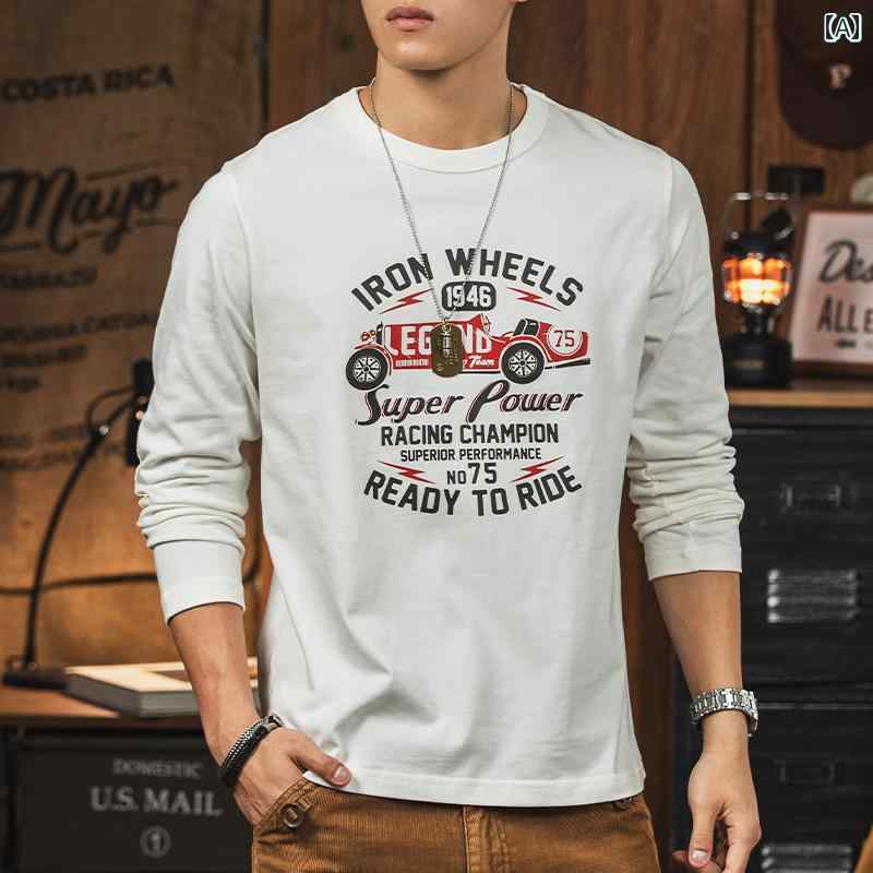 メンズ オーバーサイズ ラウンドネック 長袖 Tシャツ 秋 休日 アメリカン カジュアル プルオーバー 日常使い おしゃれ 大人っぽい シンプル