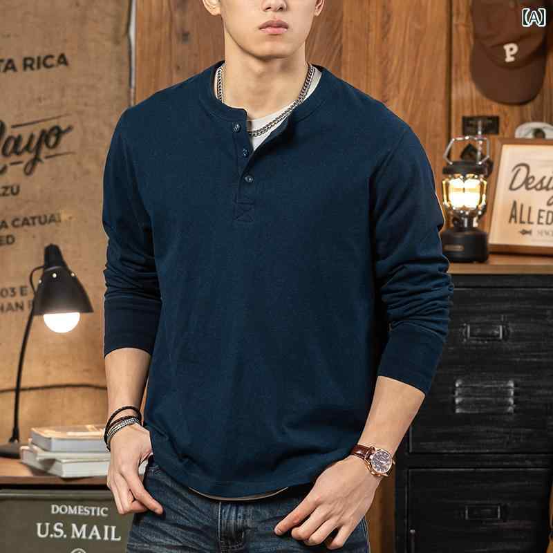 長袖 シャツ メンズ ヘンリーカラー アメリカン レトロ ラウンドネック シンプル 合わせやすい ストリート カジュアル ボタンデザイン