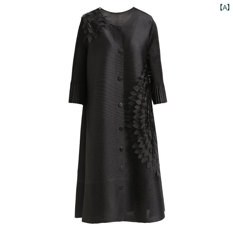 ワンピース レディース プリーツ ドレス スリム 大きいサイズ ミディアム ロング シャツ ドレス ラウンドネック きれいめ