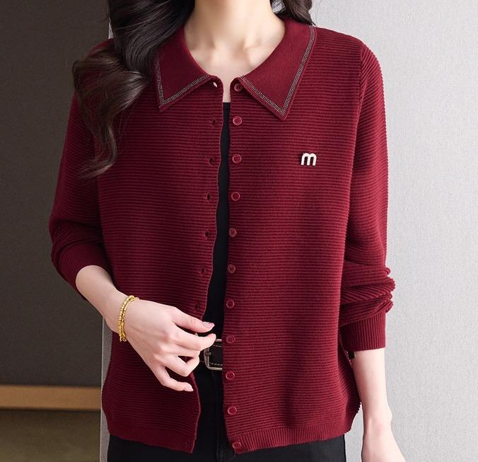 レディース アウター カーディガン 長袖 薄手 セーター シルクニット ゆったり M～6XL 特大 大きいサイズ ポロ襟 無地 ソフト 前ボタン 中年向け エレガント 上品 快適 軽量 多用途 大人スタイル ４色