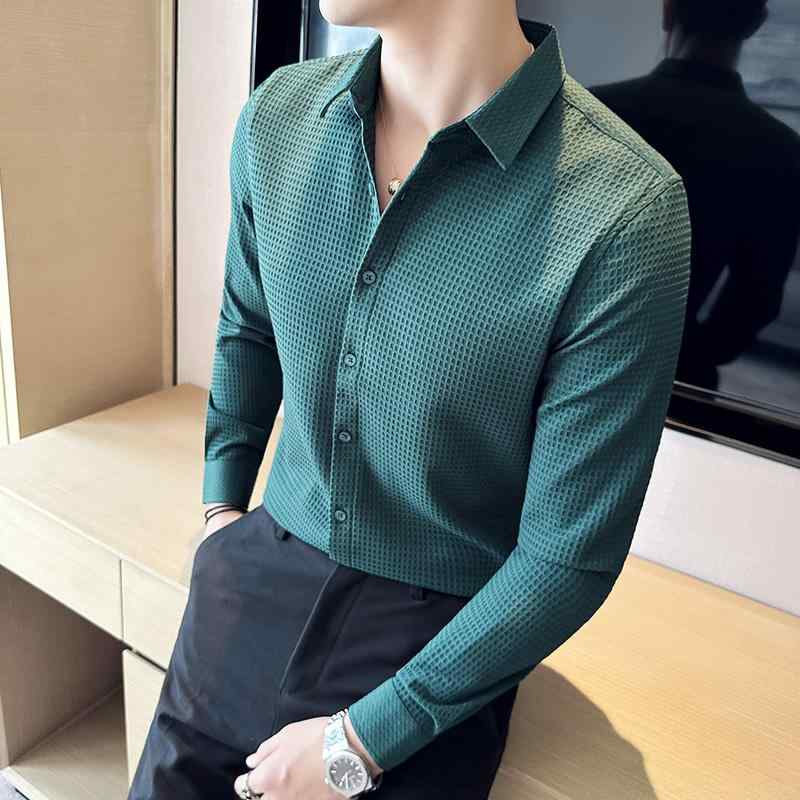 メンズ ファッション 秋冬コーデ シャツ トップス 長袖 ワッフル スリムフィット アイロン不要 通気性 軽量 快適 柔らかい ビジネス カジュアル フォーマル