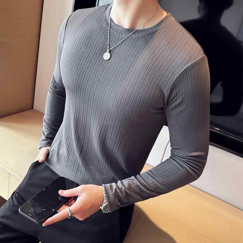 メンズ ファッション 韓国スタイル 秋冬コーデ トップス Tシャツ 長袖 ストライプ 厚手 ラウンドネック スリムフィット 柔らかい 着心地 通気性 軽量 カジュアル