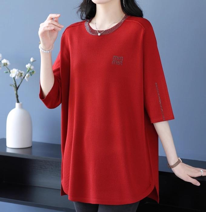 レディース トップス プルオーバー ティーシャツ 七分袖 並み並み丈 ロング 冷感 ゆったり M～6XL 大層らしい大きさ 特大 土手っ腹取りまかなう 体型取りまかなう 無地 ラウンドのど首 中高年 中年 分かりやすい 赤 茶 黄 黒