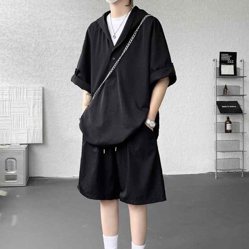 メンズ 半袖 セットアップ トップス ハーフパンツ シンプル カジュアル おしゃれ ストリート ファッション ゆったり ユニセックス ペア フード付き