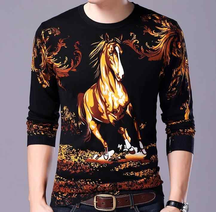 メンズ 長袖 Tシャツ 綿 白 Tシャツ レイヤリング シャツ 花の つる 馬 柄 ニット セーター Tシャツ トップス 服