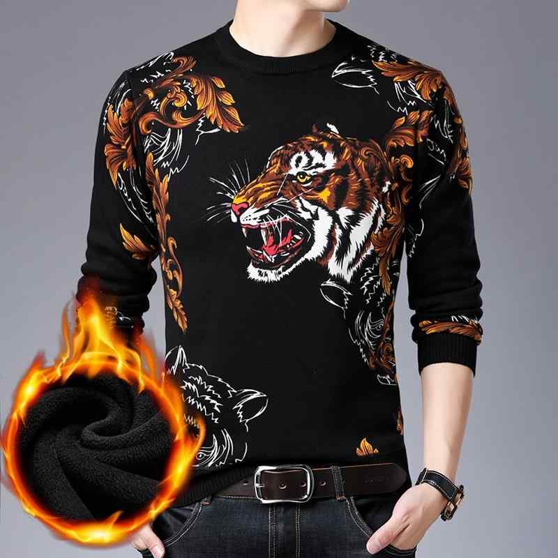 メンズ 長袖 Tシャツ セーター ニット トップス 厚手 裏起毛 黒 虎 タイガー プリント あたたかい ラウンドネック プルオーバー 綿混紡 アート デザイン スタイリッシュ ユニーク 個性的 アーバン モダン